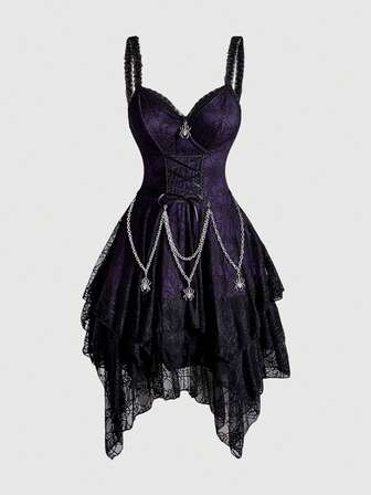 Halloween Goth Detachable Metal Chain Strap Waist Asymmetrical Layered Hem Spider Web Mesh Women Dress