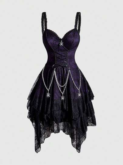 Halloween Goth Detachable Metal Chain Strap Waist Asymmetrical Layered Hem Spider Web Mesh Women Dress