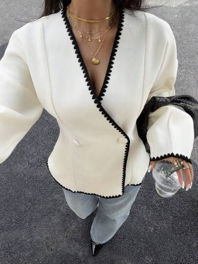 Siren Gaze 2025 Ny höst-/vinterkappa för kvinnor, enfärgad dubbelknäppt kappa, kontrastfärgad broderad jacka, lämplig för dagligt gatubruk, sned krage, kappa, krämfärgad kvinnor, höst-/vinter casual slim fit jacka, kvinnor vinter, kvinnors vinterkläder, kvinnors utomhuskläder i fransk stil, vinter casual, nyårskläder vit kavaj kvinnor vit jacka för kvinnor vit kostym damkavaj kavaj kavaj