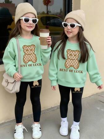 SHEIN Conjunto de 2 peças de moletom e calças confortáveis para outono e inverno, moda casual para meninas, estampa criativa de flores, ursos e letras, gola redonda, roupa confortável