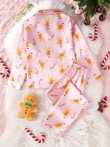 2pcs/Set Cute & Sweet Gingerbread Print Long Sleeve Cardigan And Pants, Comfortable Casual Loungewear For Tween Girls Girls Christmas Pajamas Kids Christmas Pajamas Fall Winter - Pink - View 2