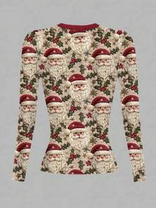 EMERY ROSE T-shirt de Noël à col rond pour femme, coupe slim, avec imprimé graphique du Père Noël - Multicolore - Voir 2