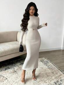 Elenzga Women's Autumn/Winter Elastic Knit Textured Dress, Turtleneck Bodycon Dress, Metal Buckle Design Dress, Elegant Ladies Dress, Casual Dress, Autumn/Winter Women's Clothing, Party Dress