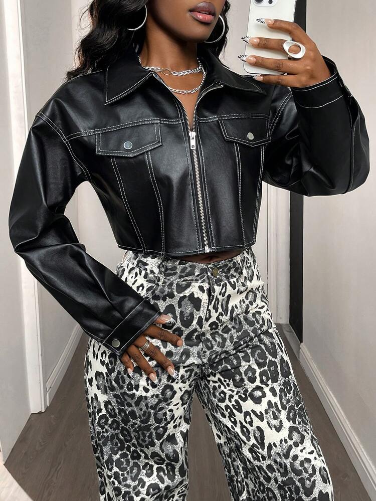 Women's Motorcycle Short Loose PU Leather Jacket Y2k