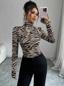 Elenzga 女士优雅圣诞派对高领打底长袖T恤印花图案T恤女式春季上衣动物纹印花高领T恤 - 彩色 - 查看 1