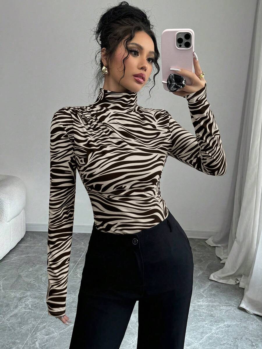 Elenzga 女士优雅圣诞派对高领打底长袖T恤印花图案T恤女式春季上衣动物纹印花高领T恤 - 彩色 - 查看 1