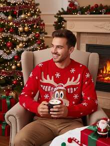 SHEIN Men's Red Base Christmas Reindeer Pattern Crew Neck Long Sleeve Sweater, For Winter - Red - View 3