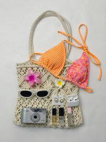 Swim Mod Women's Fashionable & Cute Vacation Random Print, Contrast Stripe, Floral Halter Backless Adjustable Triangle Bikini Top - Multicolor - View 2