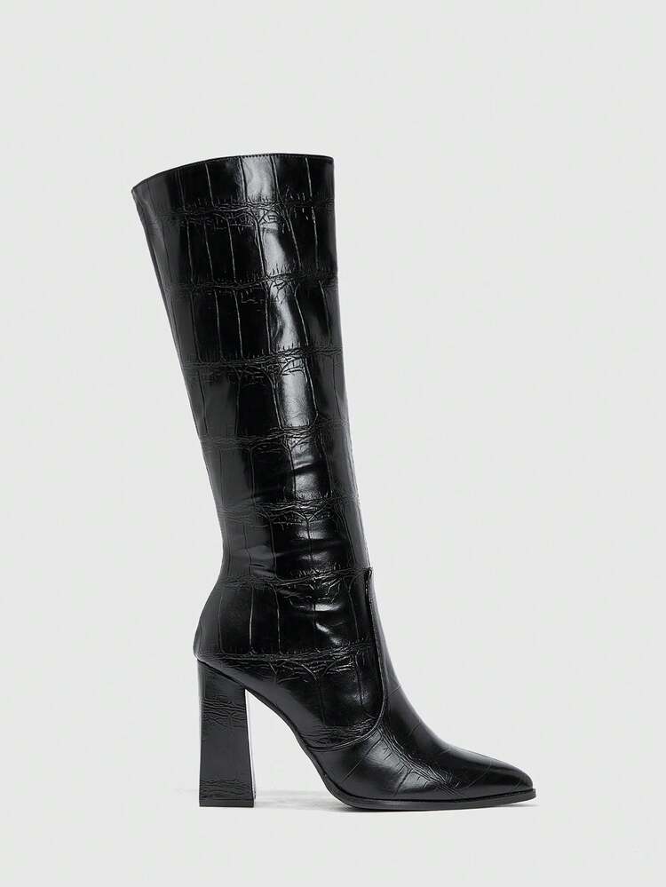 CUCCOO BIZCHIC Botas altas negras de estilo urbano con hebilla y estampado de piel de serpiente, de punta afilada y tacón grueso, elegantes botas de mujer de estilo versátil y de moda que muestran el encanto femenino y la elegancia