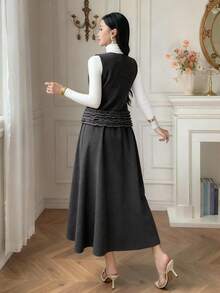 DAZY 2pcs Women Solid Color Loose Woolen Suit, Round Neck Sleeveless Vest With Ruffle Decor & A-LiSkirtirt, Elegant For Autumn/Winter - Grey - View 2