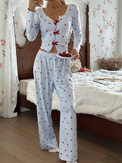  CottageSlumber Women's Romantic Lace Fitted V-Neck Cherry Print Top & Pants Pajama Set, Fall & Winter Clothes