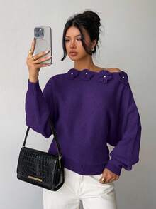 Elenzga Women's Elegant Floral Rhinestone Decor Asymmetric Shoulder Solid Color Sweater - Purple - View 3