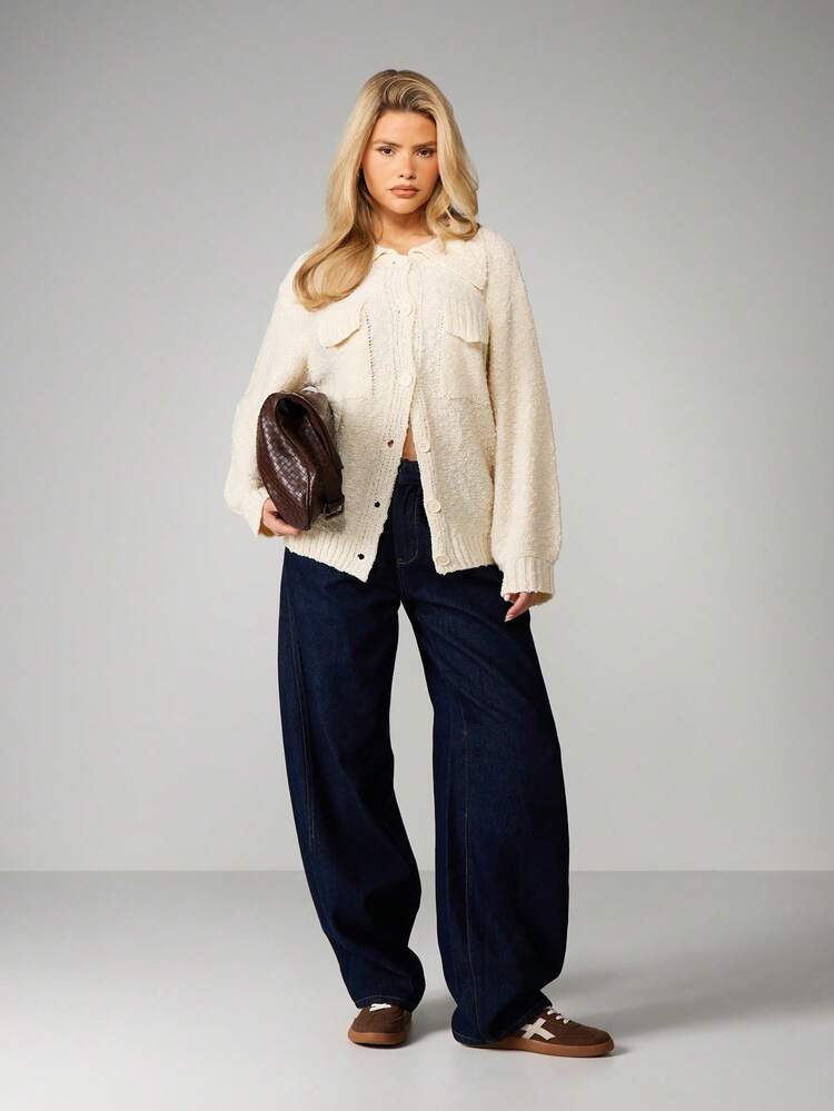 MISSGUIDED Casaco Cardigan de Botão Frontal Oversized de Bouclê Tricotado com Gola, Manga Longa, Agasalho Aconchegante de Camadas para Outono e Inverno