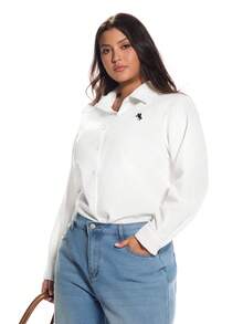 Solavibe Plus Size Women's Equestrian Print Long Sleeve Single-Breasted White Shirt, Spring/Summer, - White - View 1