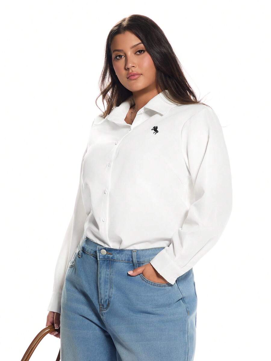 Solavibe Plus Size Women's Equestrian Print Long Sleeve Single-Breasted White Shirt, Spring/Summer, - White - View 1