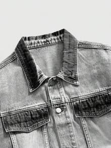 ROMWE MEN Grunge Punk Fashionable Long Sleeve Front Button Grey Denim Jacket, Unique Washed Finish - Light Grey - View 3