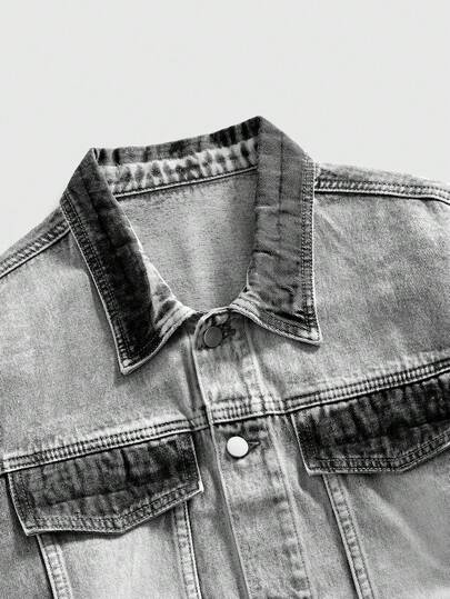 Fashionable Long Sleeve Front Button Grey Denim Jacket, Unique Washed Finish