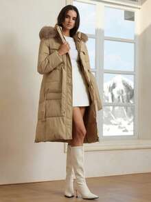 全新修身腰带休闲时尚简约拉链可拆卸仿毛领夹棉大衣 - 卡其色 - 查看 6