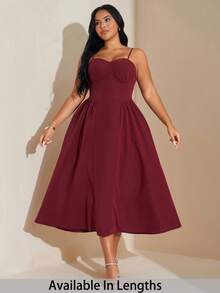SHEIN Tall CURVE Plus Size Elegant Women Burgundy Summer Wedding Dress,Long Flowy Spaghetti Strap Corset Midi Dress,Solid Color Nightclubs Party Fall Season Outfits - Red - View 1