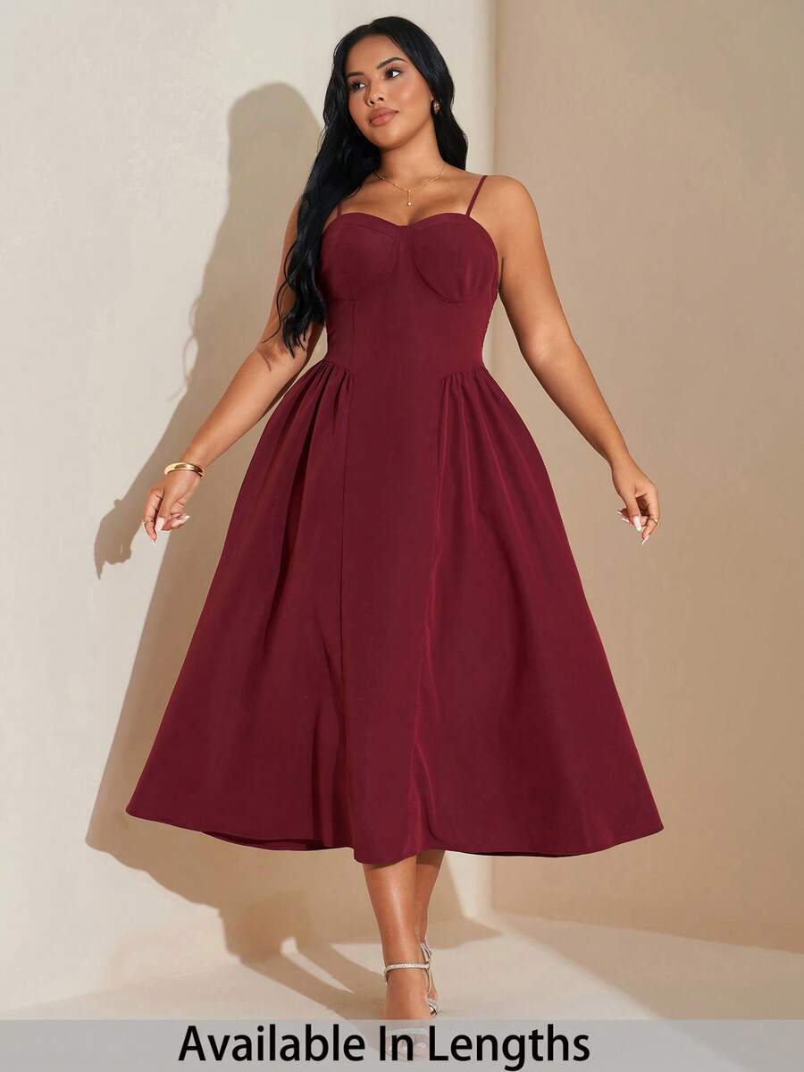 SHEIN Tall CURVE Plus Size Elegant Women Burgundy Summer Wedding Dress,Long Flowy Spaghetti Strap Corset Midi Dress,Solid Color Nightclubs Party Fall Season Outfits - Red - View 1