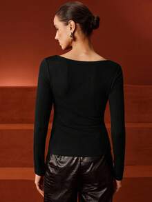 Anewsta Sexy Mesh Sheer Deep V-Neck Long Sleeve Base Layer Top, Suitable For Fall, Winter, Spring, New Year, Party, Wedding, Elegant, Chic, Stylish, Christmas, Festival, Holiday, Going Out, Casual - Black - View 2