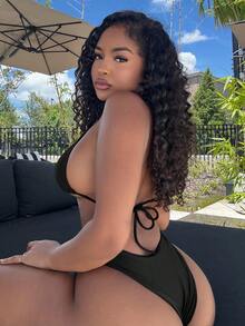 Alexandranx V-Neck Halter Bikini Set, Two Pieces Swimwear Bathing Suit Beach Outfit Summer Vacation,Summer Beach - Black - View 2