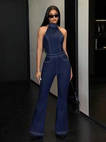 Jeanoix 女式 Y2K 时尚性感挂脖水洗喇叭牛仔连体裤