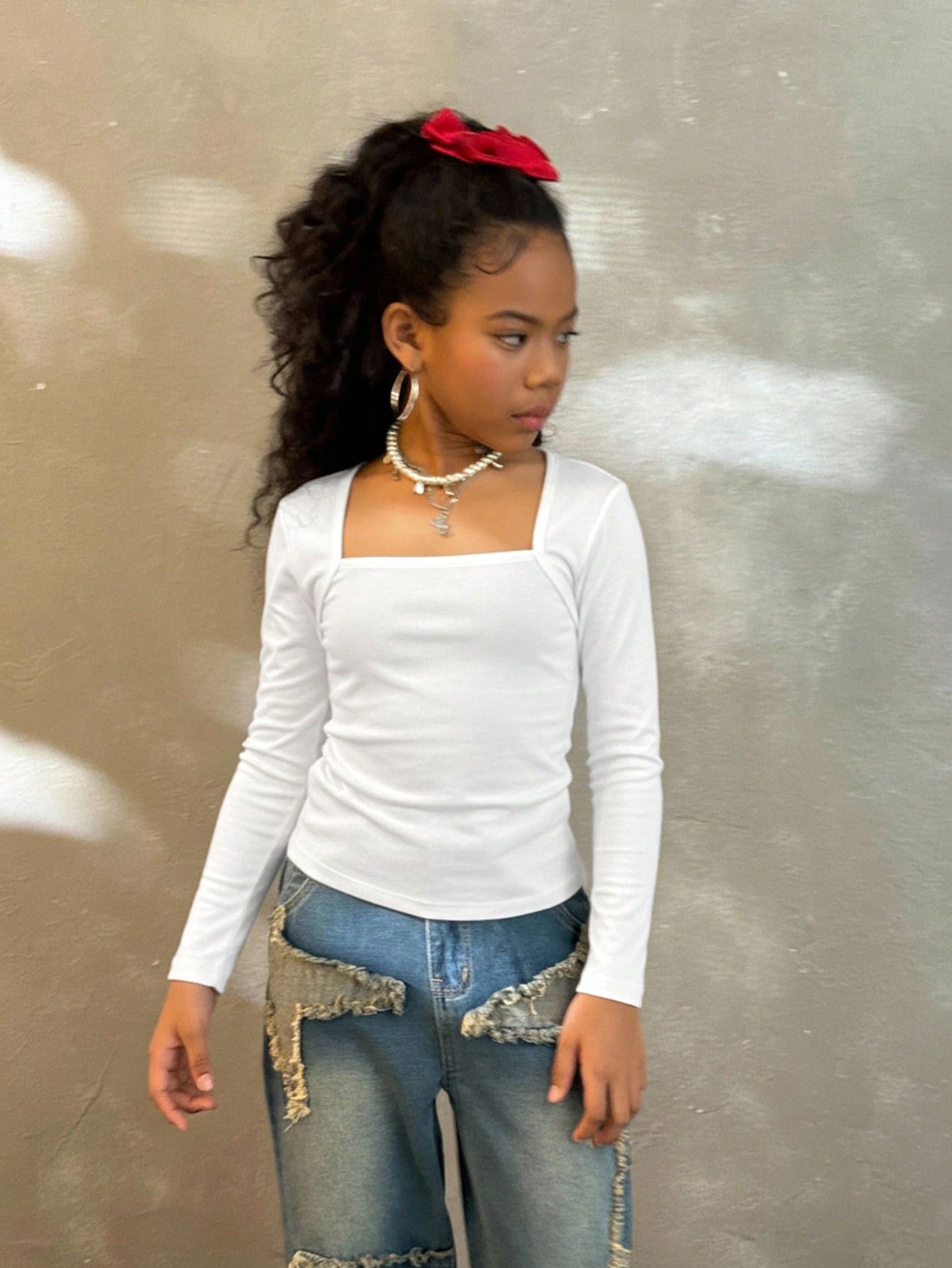 Coolane Camiseta ajustada con mangas raglán, cuello en U, cintura fruncida y elástica, de moda para niñas preadolescentes en otoño - Blanco - Ver 1