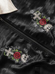 ROMWE MEN Goth Men's Skull Floral Print Contrast Color Satin Long Sleeve Jacket - Black - View 4