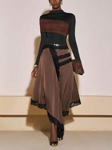 Zivah 2025 秋冬新款 音乐节、复活节、圣帕特里克节、西部风、游牧风、生日派对、毕业典礼、学院风、学生风、日常穿着、基础百搭、休闲、度假、邮轮旅行、海滩、日光浴、热门热卖、街头潮流、婚礼宾客波西米亚风、通勤、早午餐、机场、派对、节日郊游、优雅宴会 高腰 A 字型不对称下摆缎面 SkSkirt 拼布棕色中长裙 - 棕色 - 查看 4
