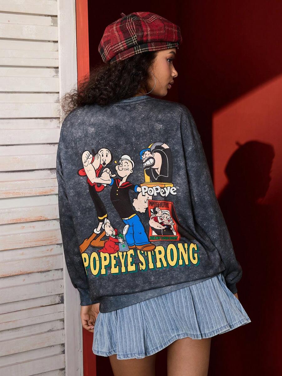 Popeye X SHEIN Áo nỉ trễ vai in chữ và nhân vật hoạt hình thường ngày dành cho nữ, mùa thu - Màu xám đen - Xem 1