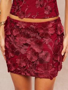 Silquee Elegant Burgundy Floral-Embroidered Mini Skirt For Women,Autumn 3D Flower Design Party Attire For Wedding Guest,Christmas,Valentine's Day Gowns - Burgundy - View 6