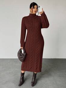 Firerie 女士纯色休闲圆领毛衣裙中长款毛衣裙毛衣裙女士高领连衣裙粗针织连衣裙针织裙秋冬 - 咖啡棕 - 查看 4