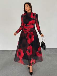 SHEIN Privé Plus Size Black And Red Autumn Elegant Party Cocktail Dress,Floral Mesh Elastic Print,Stand Collar,Shoulder Waist Ruching,Long Sleeve Flared Hem - Multicolor - View 9