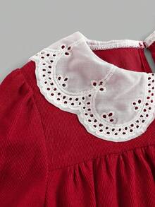 SHEIN Tween Girl Red And White Corduroy Patchwork Lace Peter Pan Collar Long Sleeve Dress,Elegant Autumn Winter Cake A-Line Party Dress For Back To School - Red - View 3