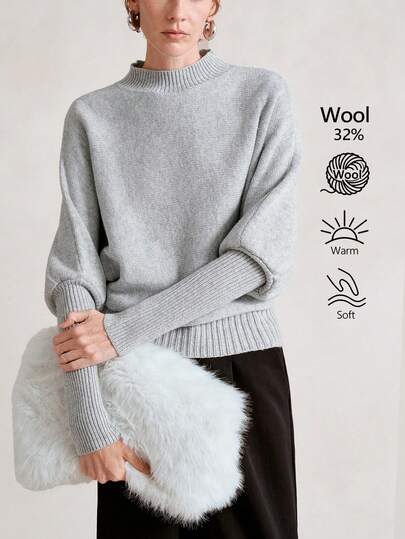 SHEIN Stylify 女士优雅复古斯德哥尔摩风格图案套头毛衣，适合休闲、工作、派对穿着，灰色高领蝙蝠袖羊毛混纺，秋冬