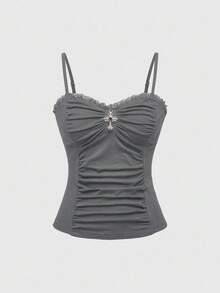 ROMWE Bộ đồ liền thân ren chắp vá lãng mạn có mặt dây chuyền hình thánh giá Gothic dành cho nữ - Xám - Xem 5