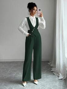 Selianne Women's Solid Color Button Design Elegant Commuter Jumpsuit, Autumn - Green - View 4