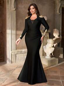 Aureia Plus Size Elegant Romantic Deep V-Neck Long Sleeve Luxury Beaded Floral Decor Waist Ruched Mermaid Hem Formal Gown (Heavily Embellished Design) - Black - View 2