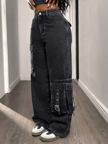 DAZY Jeans de mezclilla negros holgados con cargo estilo Y2K para mujer - Negro - Ver 3