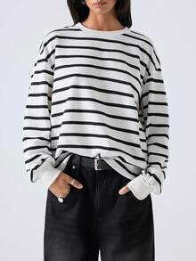 LYSMO 2025 New Arrive Minimalism Winter Striped Print Sweatshirt Graduation,Back To School,Graduation,Teacher For Women,Back To School In Fall/Winter Winter For Women New Year Look And Christmas For Women For Going Out, Streetwear, And Stockholm Style - Black and White - View 1