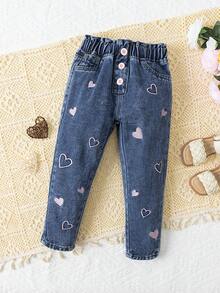 SHEIN Playful Pals Jeans para niñas, adecuados para todas las estaciones, nueva llegada, lavado de mezclilla azul claro dulce y lindo, bordado de corazón rosa, botones rosas, pierna entallada, versátil para uso diario, casual, escuela, pantalones vaqueros para niñas - Azul lavado oscuro - Ver 7