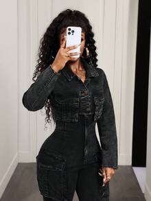 BamGleam Short Cargo Pocket Women's Denim Jacket - Black - View 5