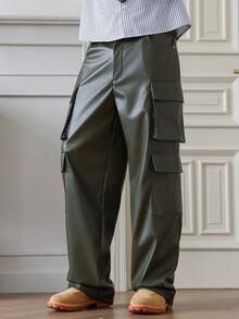 HUEFORM Men's Casual Fashion Street PU Leather Flap Pocket  Relaxed Fit Wide Leg Pants Men Pants Dress Olive Green Pants Men For Winter - Dark Green - View 6