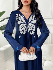 Yasmyna 女士优雅V领长袖阿拉伯连衣裙，饰有蝴蝶亮片图案 - 藏蓝色 - 查看 3
