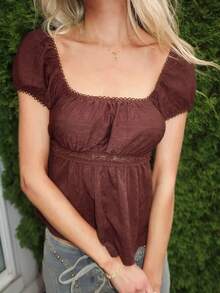 Sydney Algeri Gathered Sleeve Brown Textured Ruched Bust Waist T-Shirt - Brown - View 4