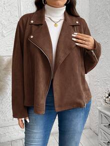 SHEIN LUNE 大码女式翻领长袖拉链休闲棕色万圣节夹克冬季服装 - 鏽棕色 - 查看 3