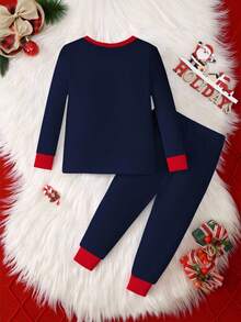 SHEIN 2pcs Baby Boys' Christmas Santa Claus Pajama Set,Cute Navy Blue Autumn Family Matching Long Sleeve Top And Stretchy Knit Snug Fit Pants For Toddlers - Multicolor - View 2