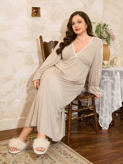 Côtesoire Plus Size Women's French Ruffle V-Neck Lace Trim Bowknot Long Sleeve Nightgown Lounge V Neck Lounge Wear Lounge Dress Post Lounge, For Fall & Winter