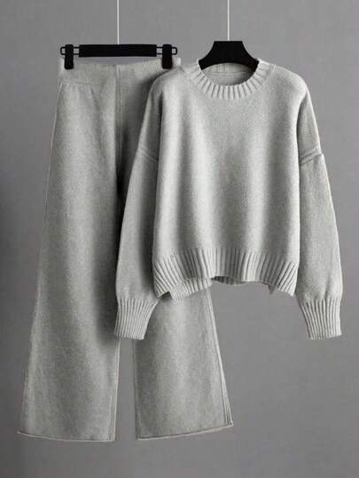 Franclia Conjunto casual de mujer de suéter de manga larga con cuello redondo y hombros caídos en unicolor y pantalones de pierna ancha, para otoño/invierno